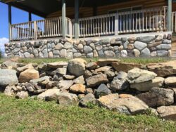 Stone Veneer & Wainscoting Natural stone wainscoting and veneer on a luxury log home exterior.